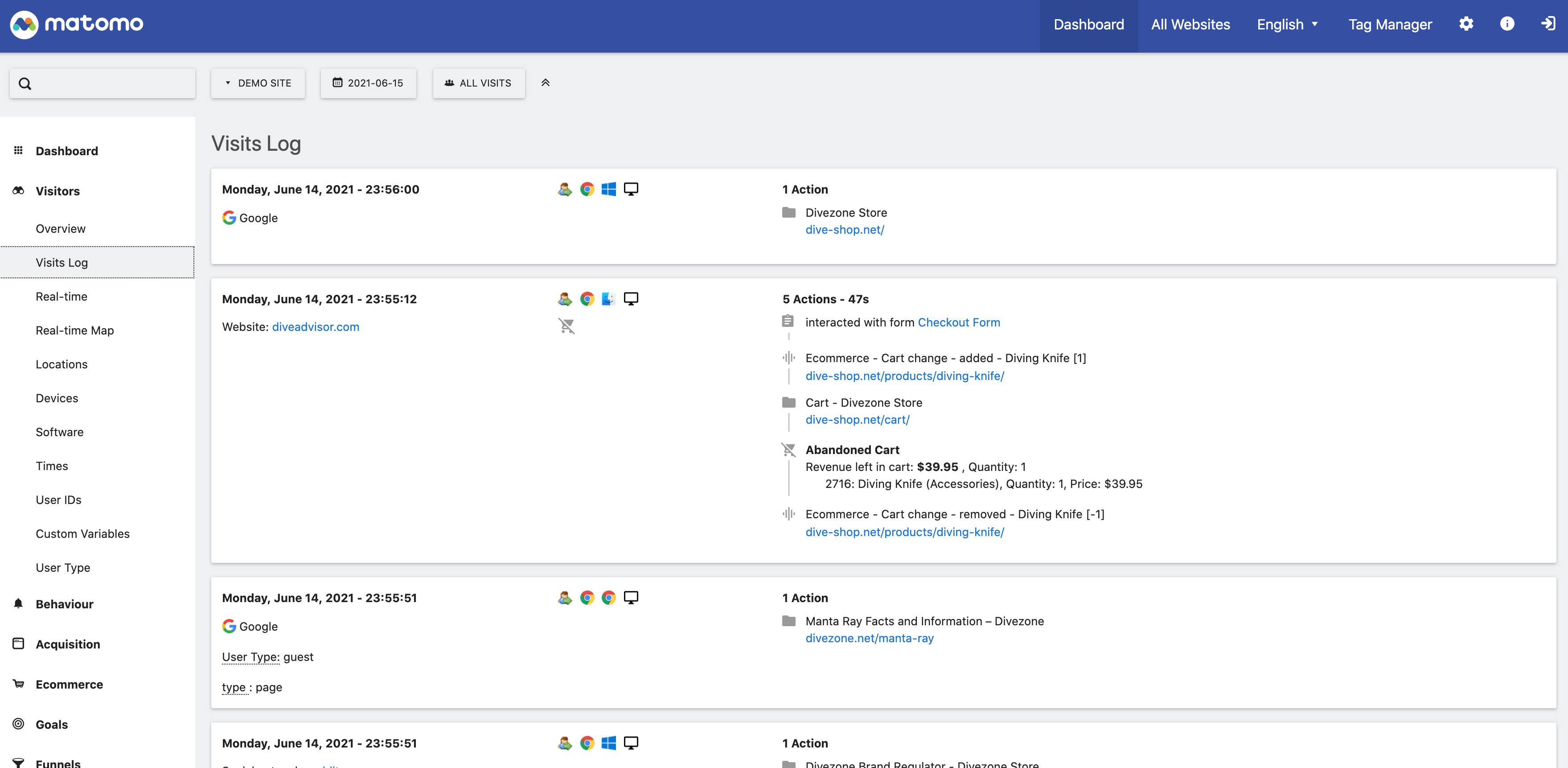 Matomo Software - The Visits Log is useful to browse individual user sessions on your site and understand what your visitors were looking for, whether they found an answer, or to see which pages they looked at before converting your goals.