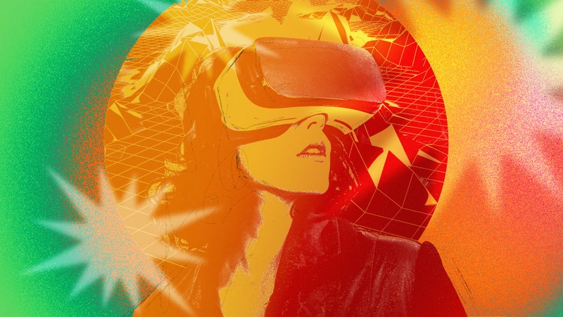 A collage of a person wearing a VR headset looking off into a metaverse space 
